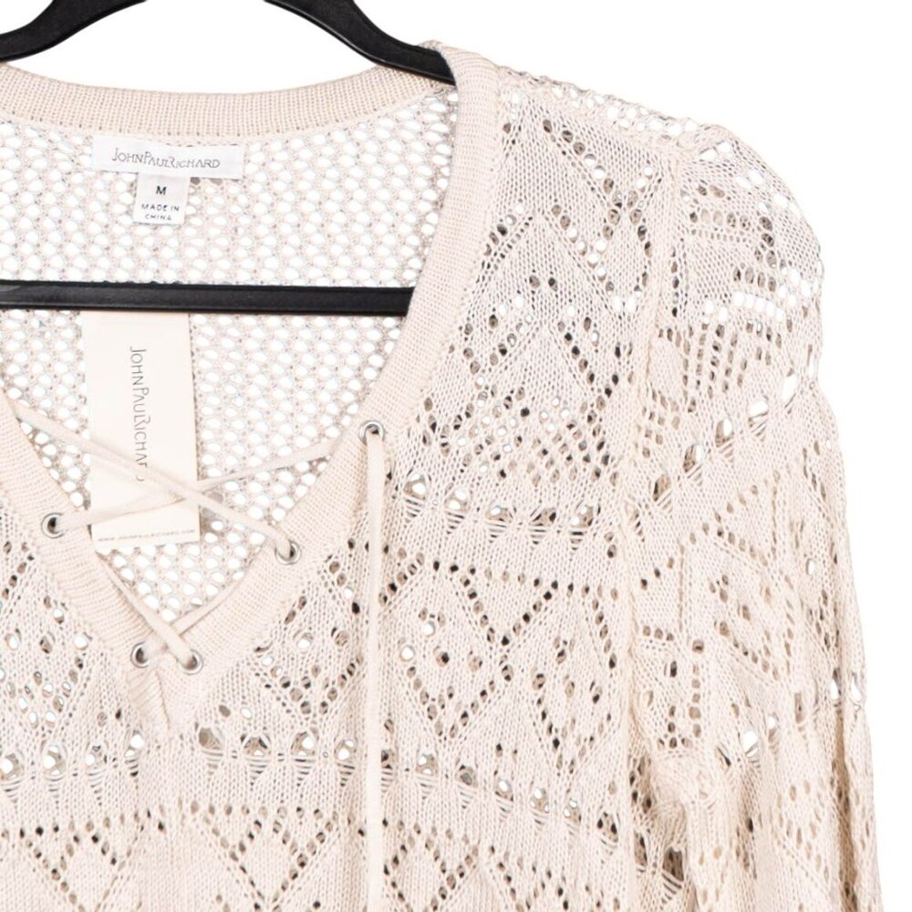 Crochet Knit Shirt M Beige Sheer Cover Up Long Sleeve Tunic Sweater Lace Up Boho - Picture 2 of 5